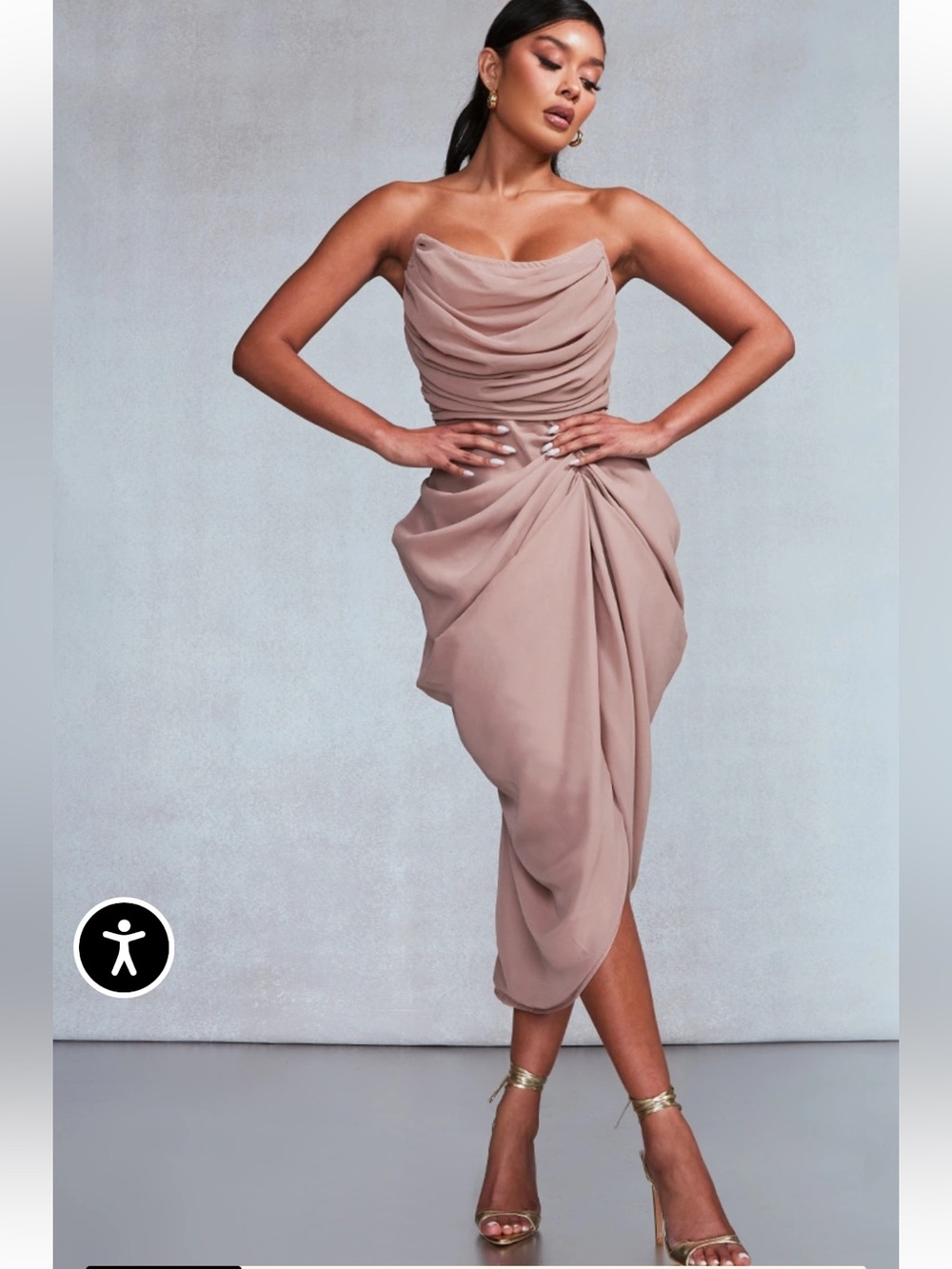 PrettyLittleThing Taupe Chiffon Corset Dandeau Draped Midi Dress